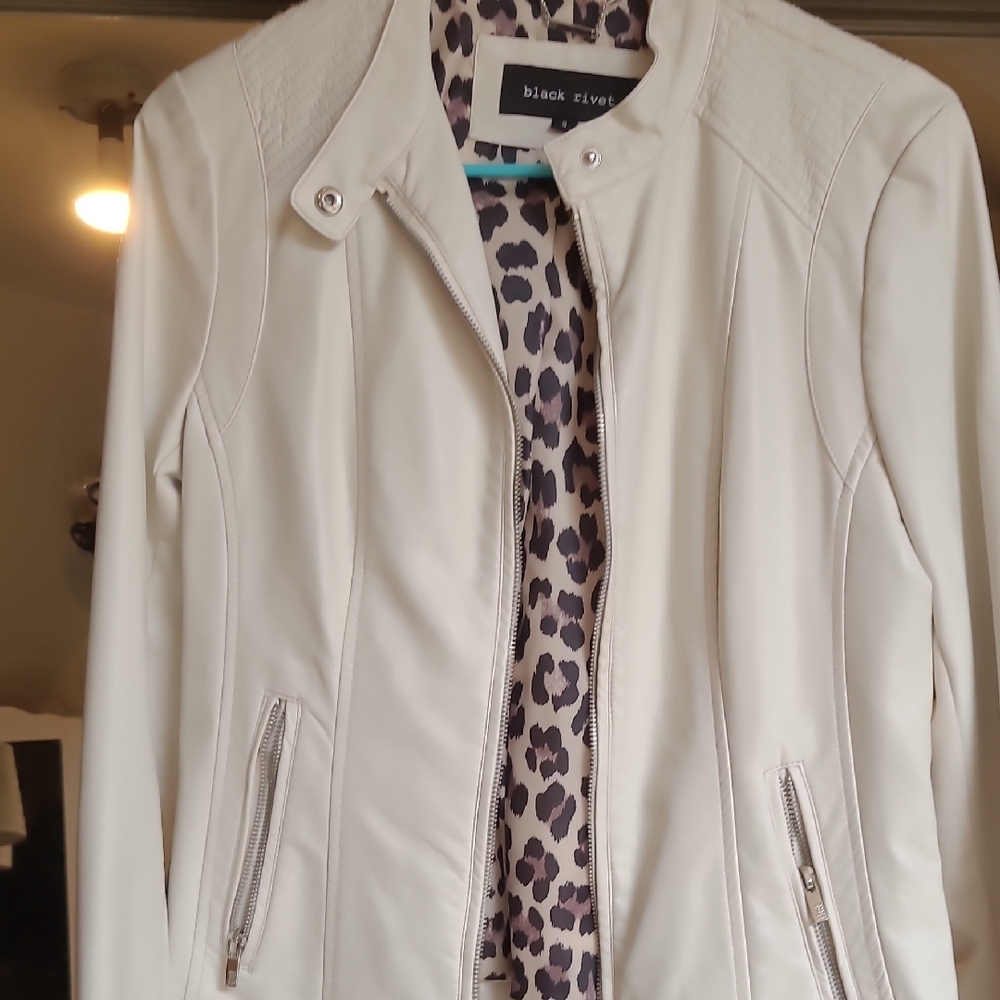 Black Rivet White Leather Jacket Sleek Fitted Design